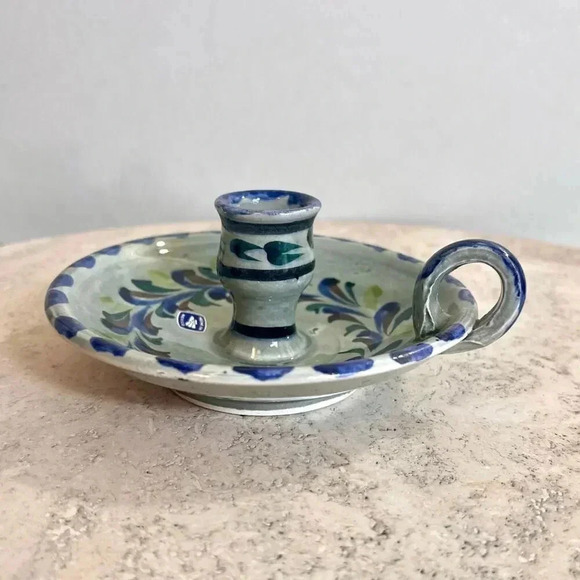 Vintage Pottery Mexico Folk Art Pottery Floral Ceramic Candlestick Candle Holder - Picture 3 of 12